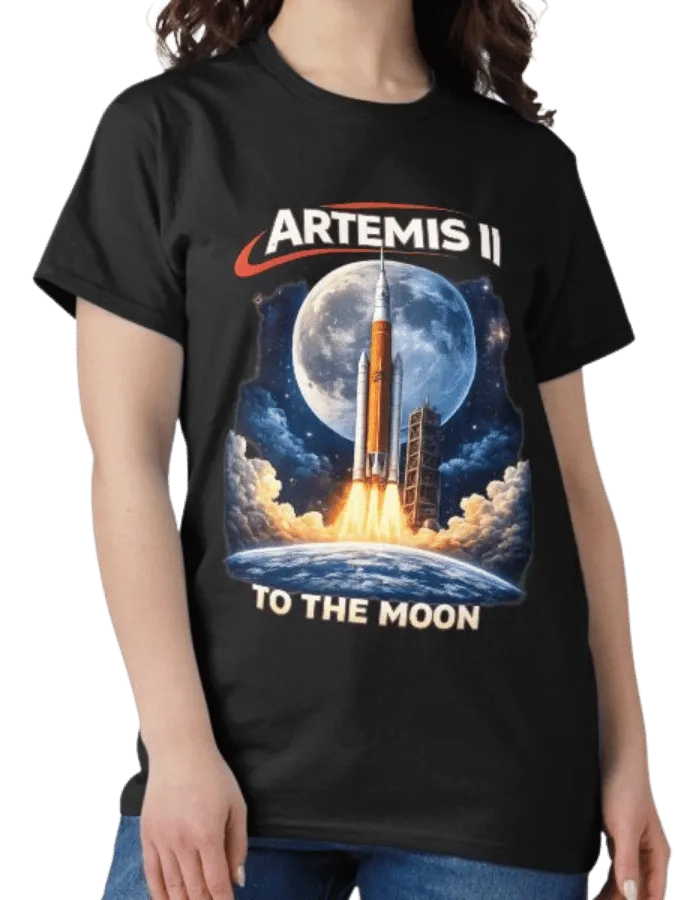 T-shirt noir imprimé « Artemis II – To the Moon » avec une fusée