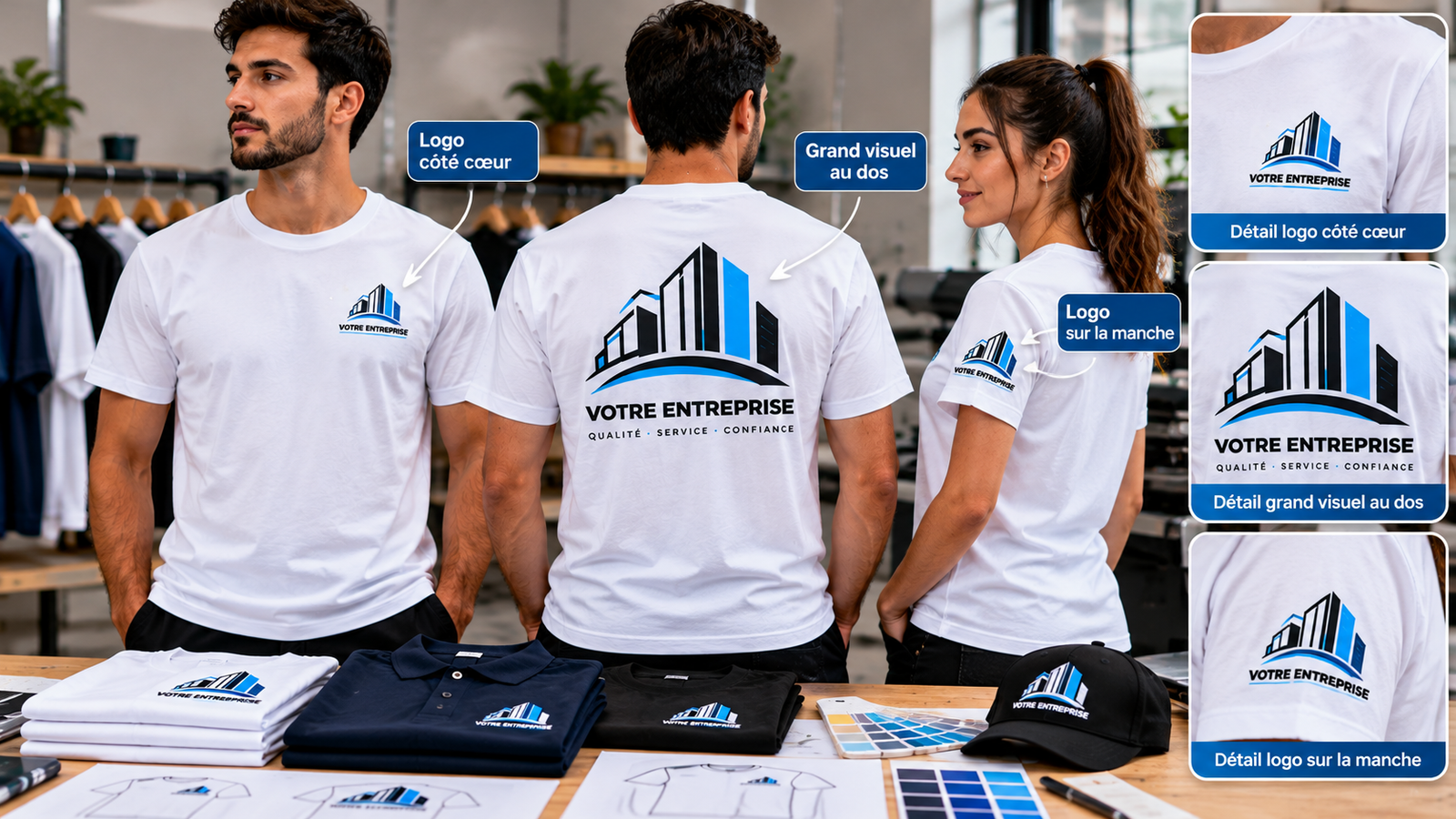 T-shirts et polos personnalisés avec logo d’entreprise, impression devant et au dos.
