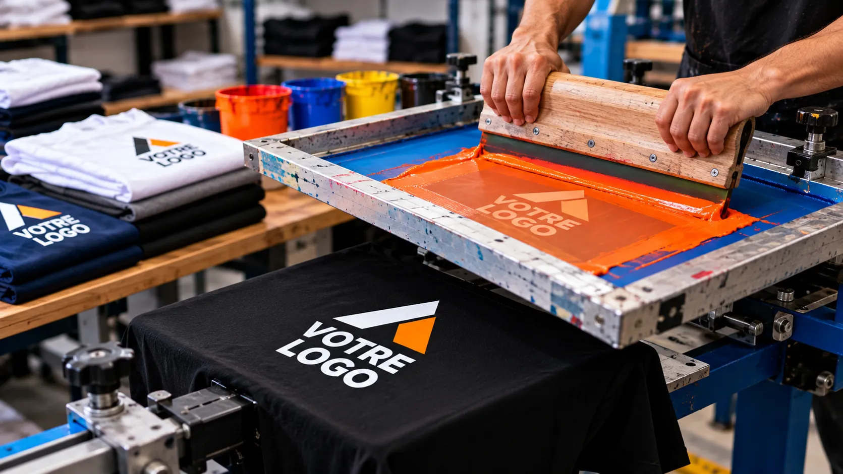 Sérigraphie en atelier : passage de l'encre jaune à travers l'écran