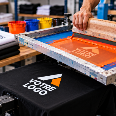 Sérigraphie en atelier : passage de l'encre jaune à travers l'écran