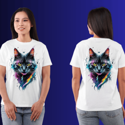 Après : t-shirts blancs avec visuel imprimé, vue de face et de dos